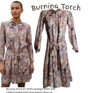 Burning Torch Anthropologie 100% Silk chiffon pastel print long sleeve dress xs